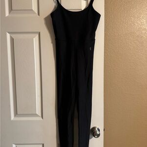 Good American Black Fitted Compression Shiny Jumpsuit with Spaghetti Straps